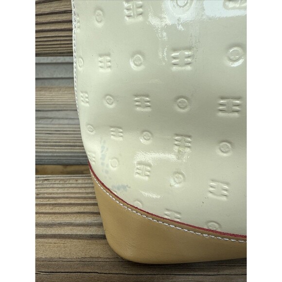ARCADIA Italy Patent Leather handbang Cream W Gold tone Zip Logo Tan Handles & B - Picture 8 of 11